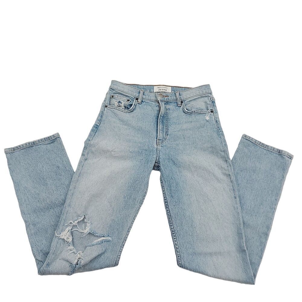 Reformation Liza High Rise Straight Jean Womens 26 Blue Crete Destroyed Wash - Picture 5 of 12
